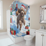 Poodle Running in Snow with Christmas Hat Shower Curtain