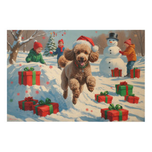 Poodle Running in Snow with Christmas Hat Wood Wall Art
