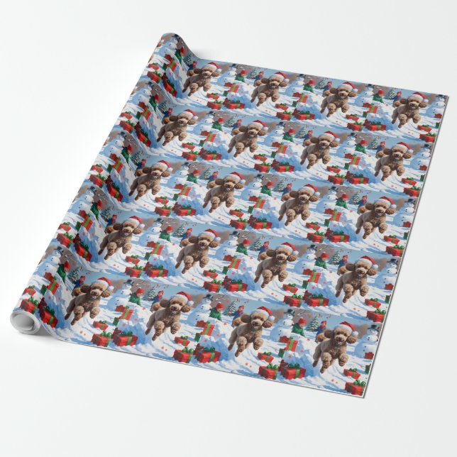 Poodle Running in Snow with Christmas Hat Wrapping Paper (Unrolled)