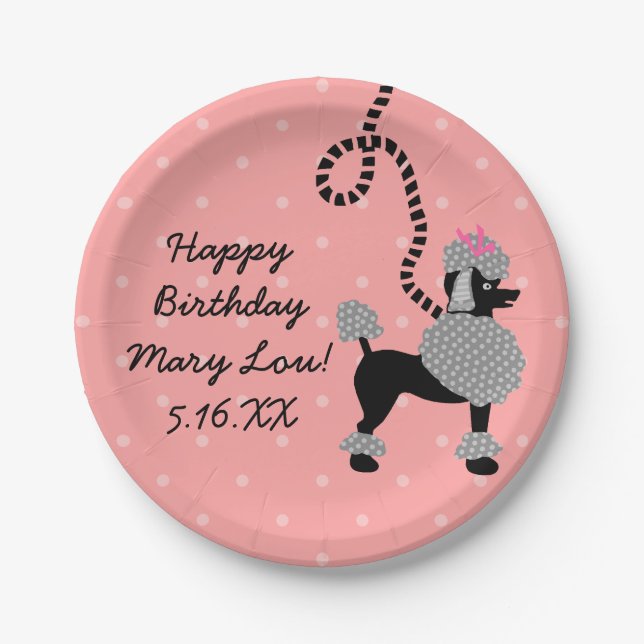 Poodle Skirt 50s Retro Pink Black Birthday Party Paper Plates (Front)