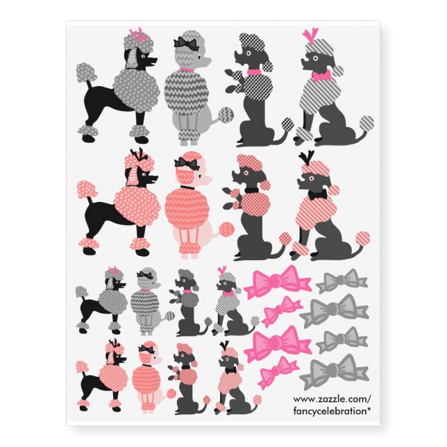 Poodle Skirt Dogs and Bows Retro Pink Gray 50s 2 Temporary Tattoos (Front)