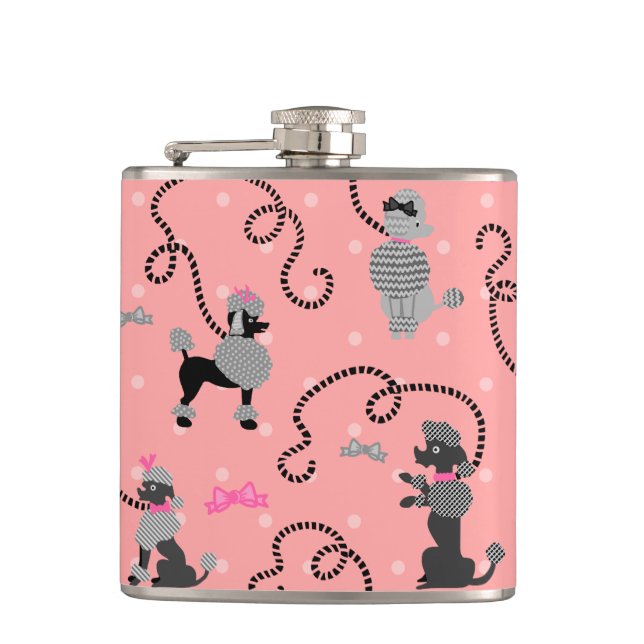 Poodle Skirt Retro Pink and Black 50s Pattern Flask (Front)
