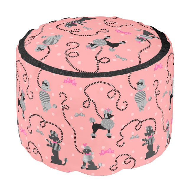 Poodle Skirt Retro Pink and Black 50s Pattern Pouf (Angled Front)