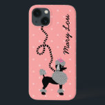 Poodle Skirt Retro Pink and Black 50s Personalized iPhone 13 Case<br><div class="desc">This cute French poodle design Galaxy phone case is derived from the classic poodle skirts of the 1950s. The pretty black poodle dog has gray pompons of fur with polka dots and a black stencil-style leash. It all rests on a vintage pink background with a light pink polka-dotted effect. Easily...</div>