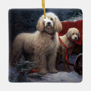 Poodle Snowy Sleigh Christmas Decor Ceramic Ornament