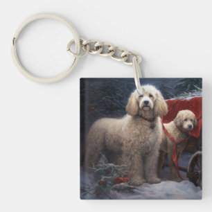 Poodle Snowy Sleigh Christmas Decor Keychain