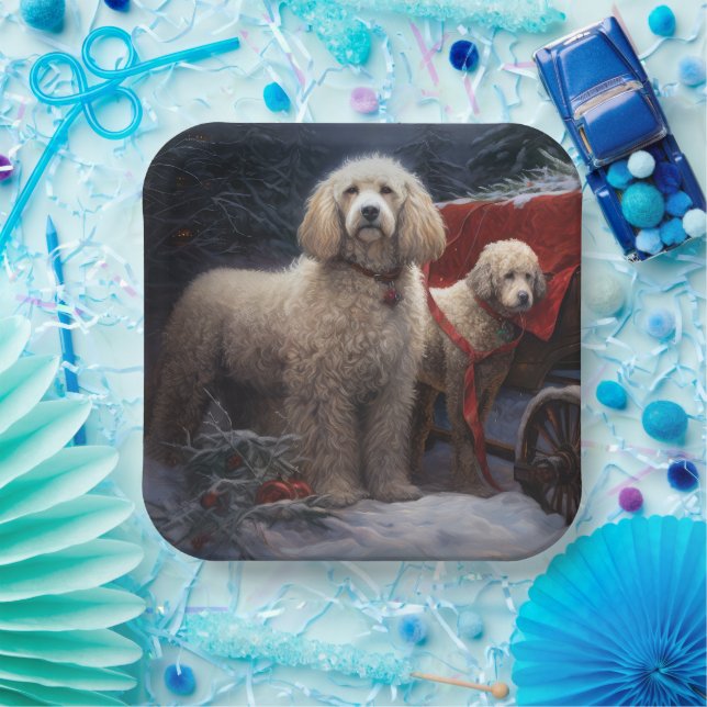 Poodle Snowy Sleigh Christmas Decor Paper Plates (Party)