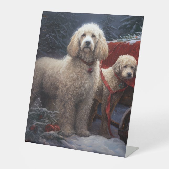 Poodle Snowy Sleigh Christmas Decor Pedestal Sign (Front)