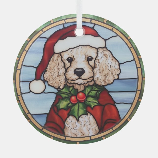 Poodle Stained Glass Christmas  Glass Ornament (Front)