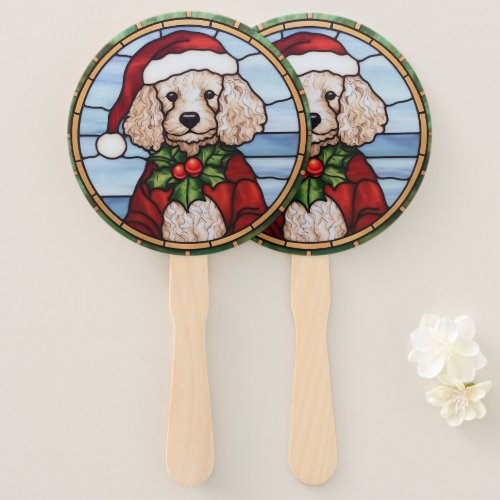 Poodle Stained Glass Christmas  Hand Fan