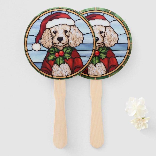 Poodle Stained Glass Christmas  Hand Fan (Front and Back)