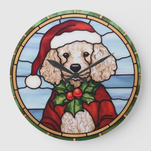 Poodle Stained Glass Christmas  Large Clock