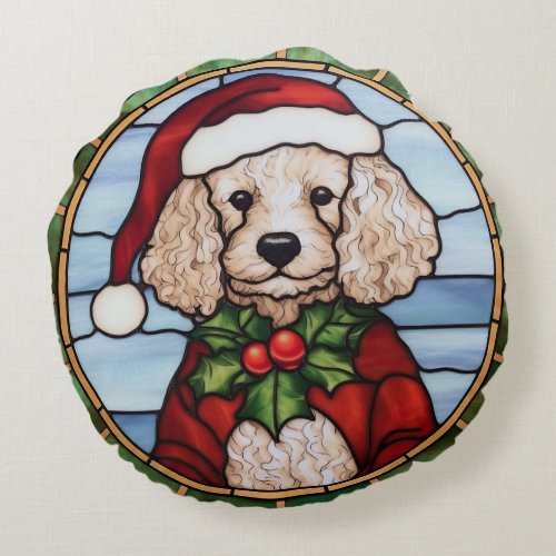 Poodle Stained Glass Christmas  Round Pillow
