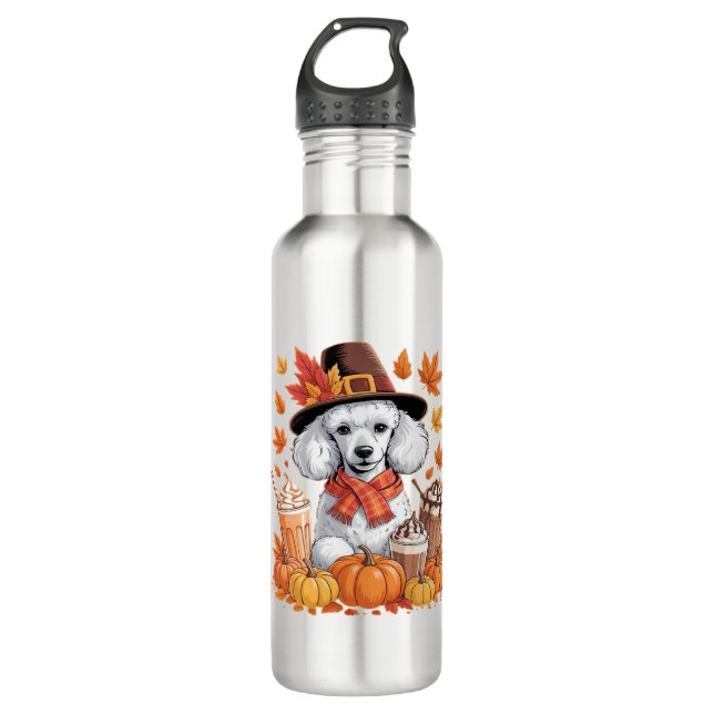 Poodle Thanksgiving Drinks Coffee Fall Leaves Pump Stainless Steel Water Bottle (Front)