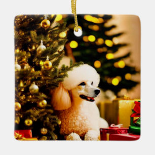 Poodle Under Christmas Tree Ceramic Ornament