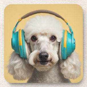 Poodle wearing headphones beverage coaster