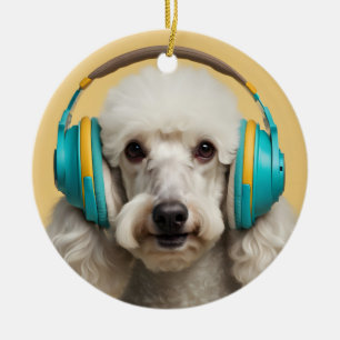 Poodle wearing headphones ceramic ornament