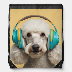 Poodle wearing headphones drawstring bag