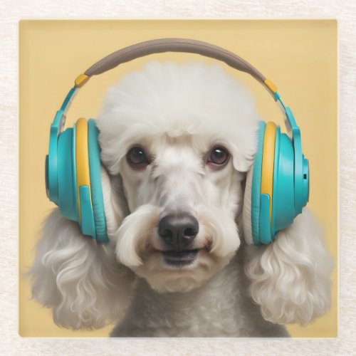Poodle wearing headphones glass coaster