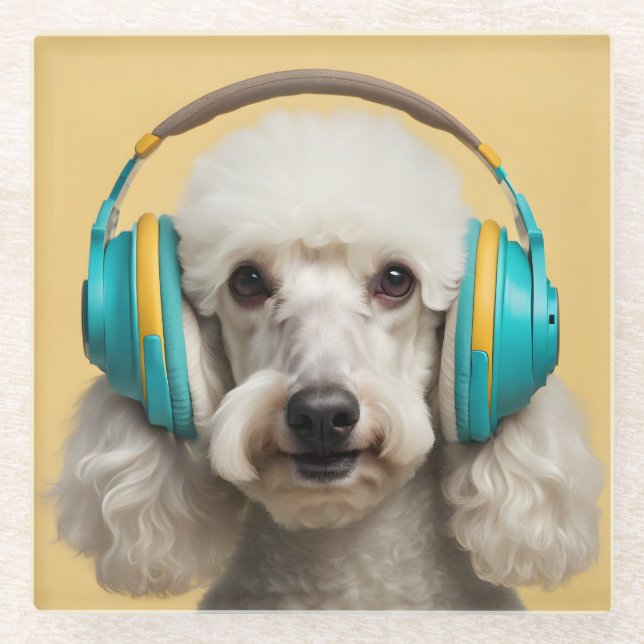 Poodle wearing headphones glass coaster (Front)