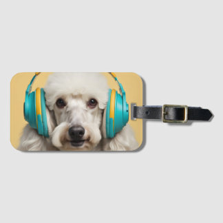 Poodle wearing headphones luggage tag