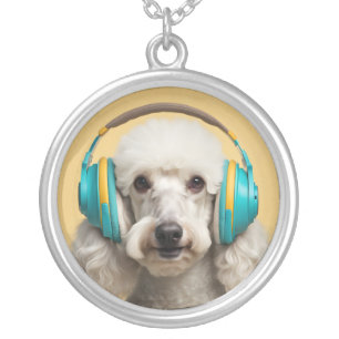 Poodle wearing headphones silver plated necklace