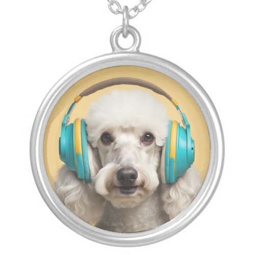 Poodle wearing headphones silver plated necklace