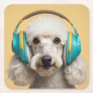Poodle wearing headphones square paper coaster