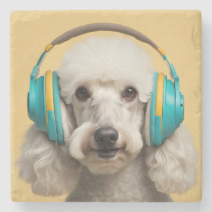 Poodle wearing headphones stone coaster