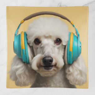 Poodle wearing headphones trinket tray