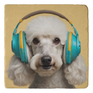 Poodle wearing headphones trivet