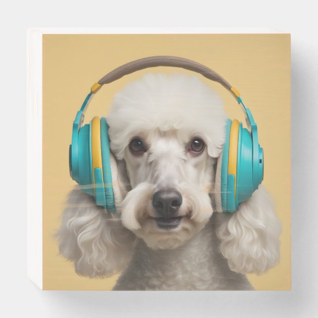 Poodle wearing headphones wooden box sign (Front Horizontal)