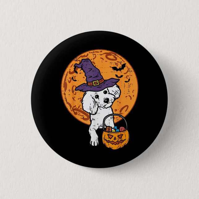 Poodle Witch Moon Jack O Lantern Halloween Dog Men Button (Front)
