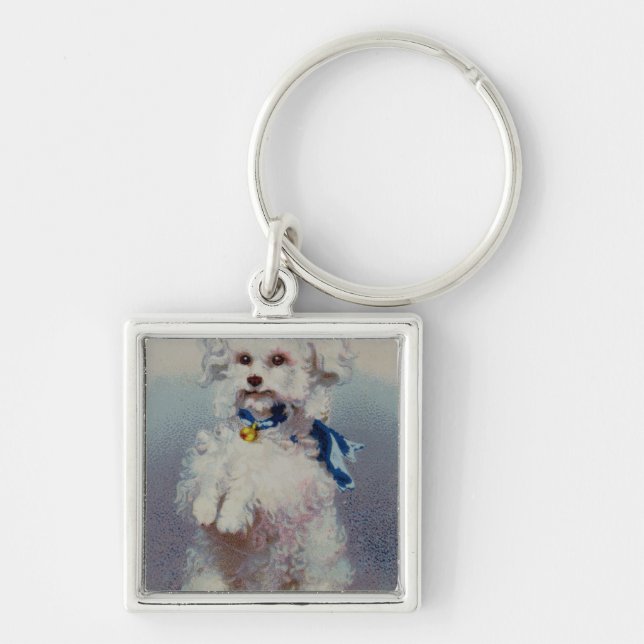 Poodle with blue ribbon keychain (Front)