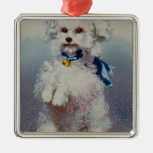 Poodle with blue ribbon metal ornament