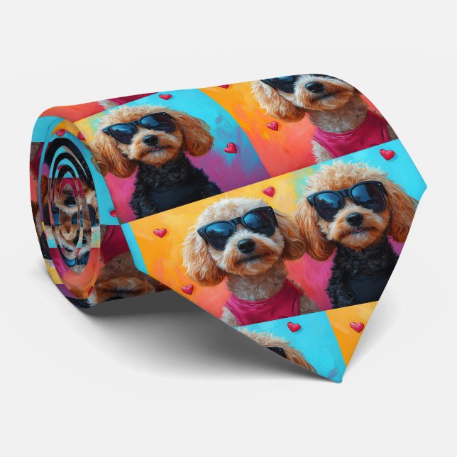 Poodle With Heart Roses Valentine's Day Neck Tie (Rolled)