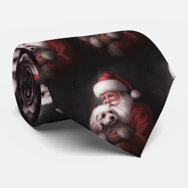 Poodle With Santa Claus Festive Christmas  Neck Tie (Rolled)