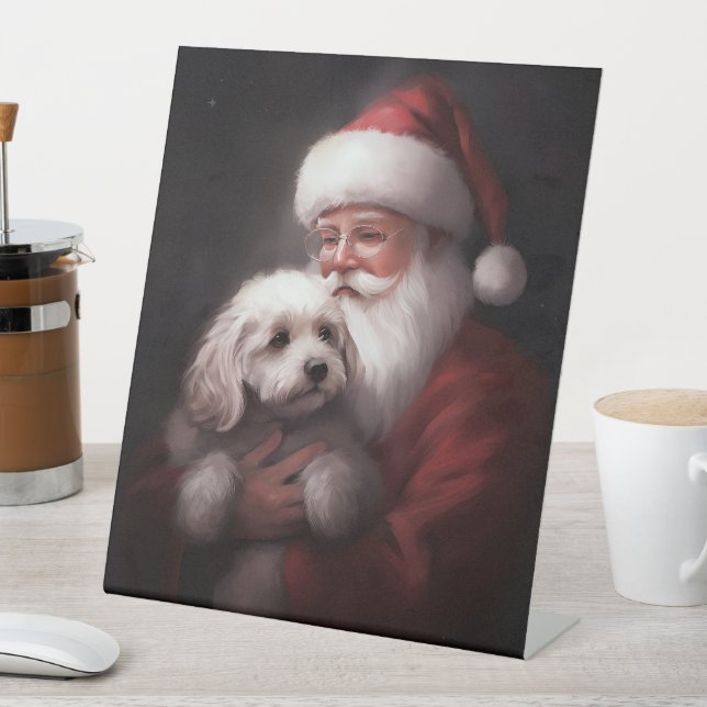 Poodle With Santa Claus Festive Christmas  Pedestal Sign (In SItu)