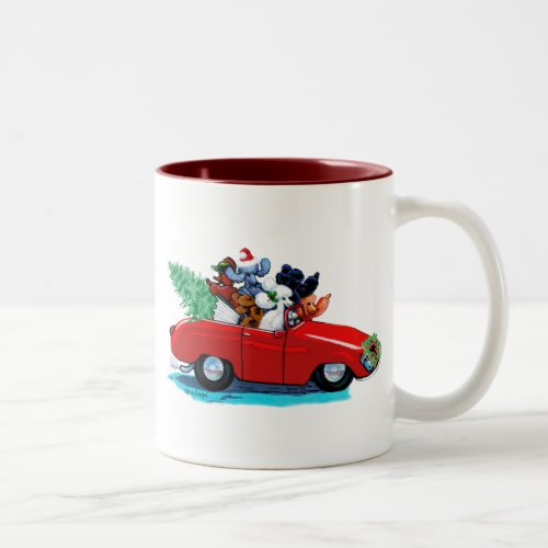 Poodles Christmas Vintage Car Art Print Two_Tone Coffee Mug