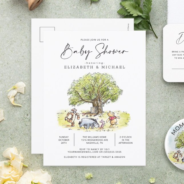 Pooh and Pals Watercolor Baby Shower  Postcard (Postcard on table)