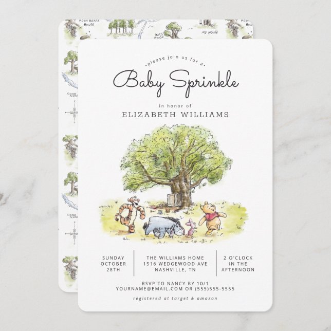 Pooh and Pals Watercolor Baby Sprinkle Invitation (Front/Back)