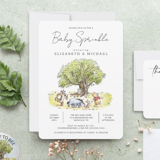 Pooh and Pals Watercolor Baby Sprinkle Invitation (Invitation on table)