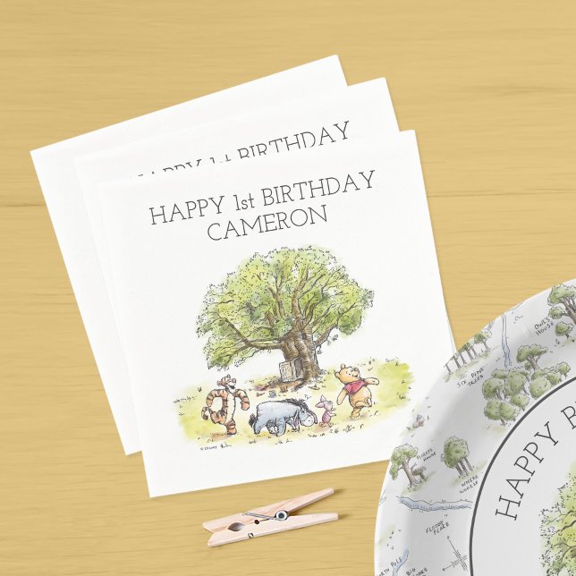 Pooh and Pals Watercolor First Birthday Napkins (Napkins on table)