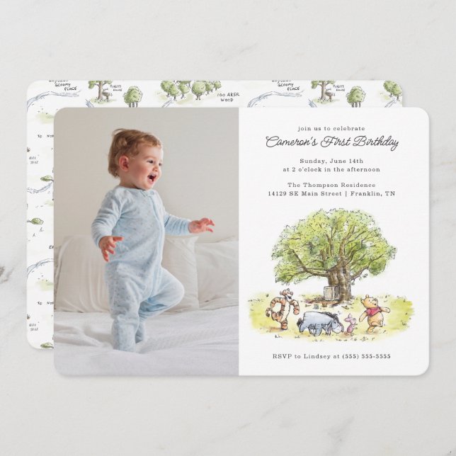 Pooh and Pals Watercolor First Birthday - Photo Invitation (Front/Back)