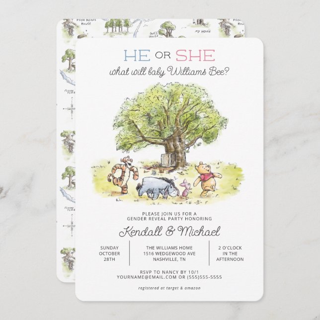 Pooh and Pals Watercolor Gender Reveal Baby Shower Invitation (Front/Back)