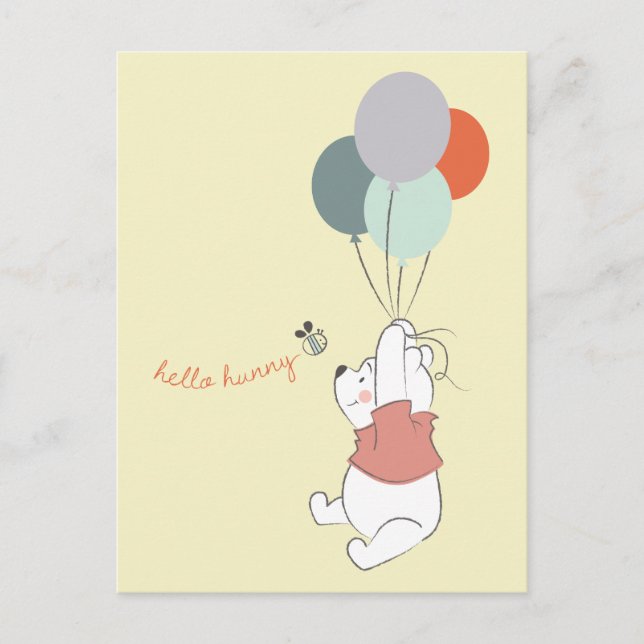 Pooh Floating With Balloons - Hello Hunny Postcard (Front)