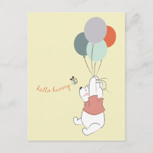 Pooh Floating With Balloons - Hello Hunny Postcard