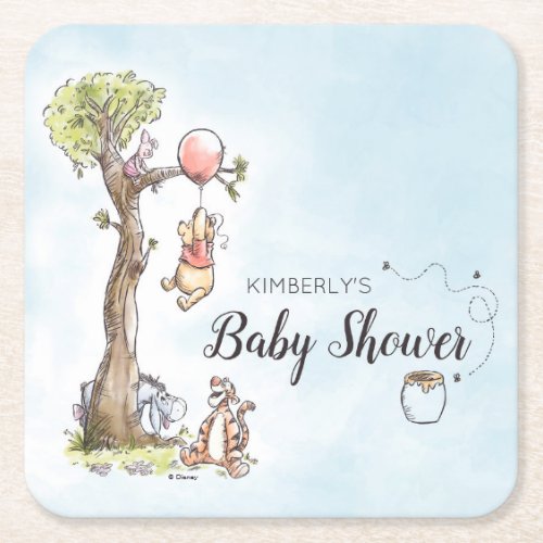 Pooh  Friends Watercolor  Baby Shower Square Paper Coaster