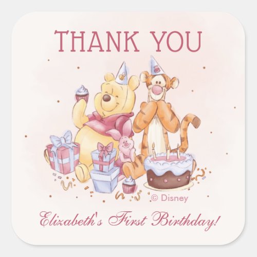 Pooh  Friends Watercolor   Birthday Thank You Square Sticker