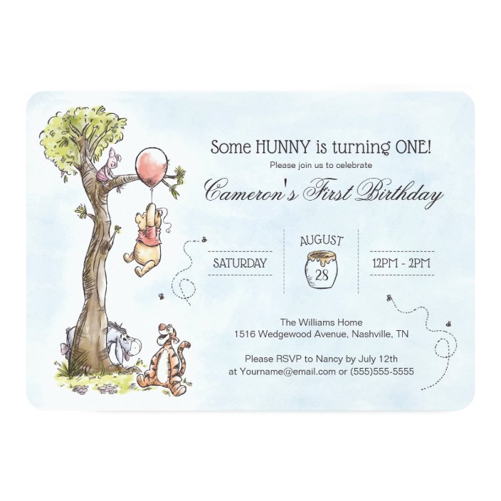 Pooh Friends Watercolor Tree First Birthday Invitation Zazzle Com